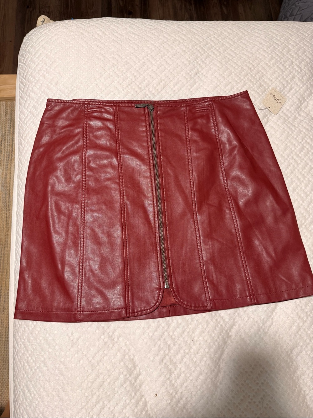Free People Red Faux Leather Front-Zip Pencil Skirt